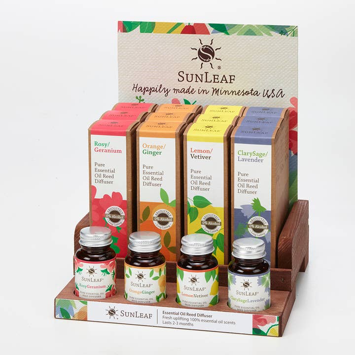 Display - 1 oz Essential Oil Reed Diffusers - 4 Scents for wholesale by SunLeaf Naturals