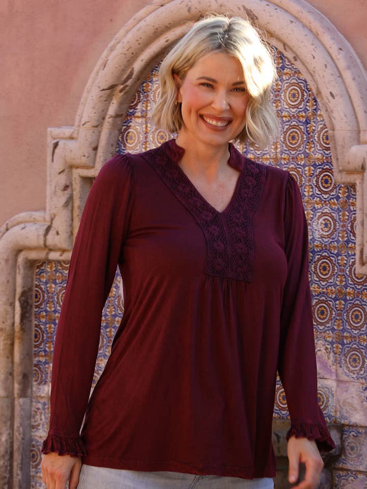 E2W55-ASIS V NECK LACE TRIM LONG SLEEVE KNIT TOP for wholesale by Nostalgia