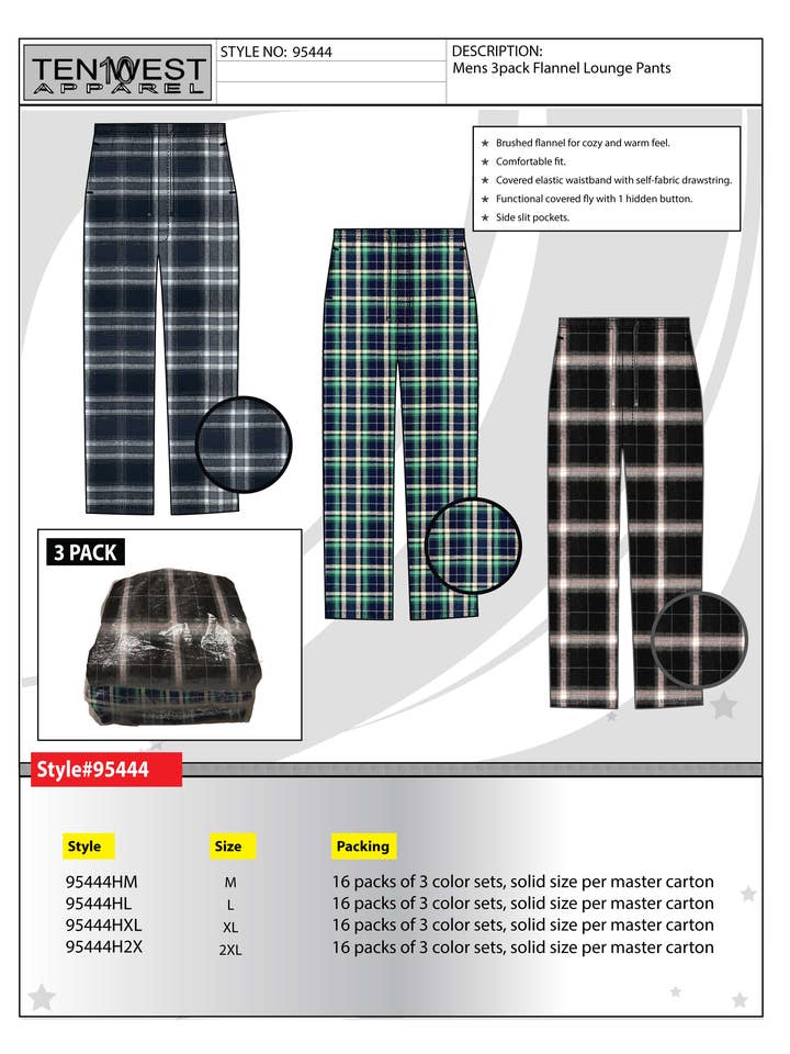 Calça de pijama de flanela 3pk para homem tamanho M por atacado de Ten West Apparel