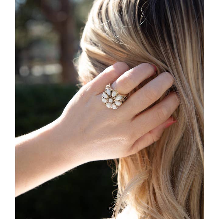 Barse Jewelry - Wholesale Cocktail/Statement Ring - White Hibiscus Mother of Pearl and Golden Ring