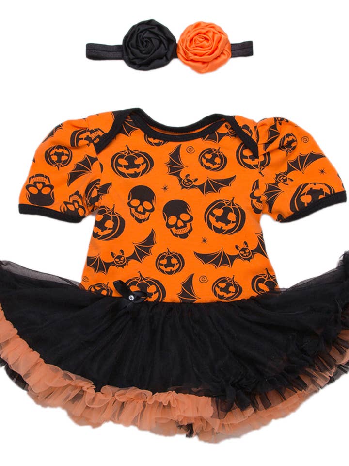 Fennco Styles - Wholesale Dress – Baby - Orange-Black Halloween Tutu Dress Romper