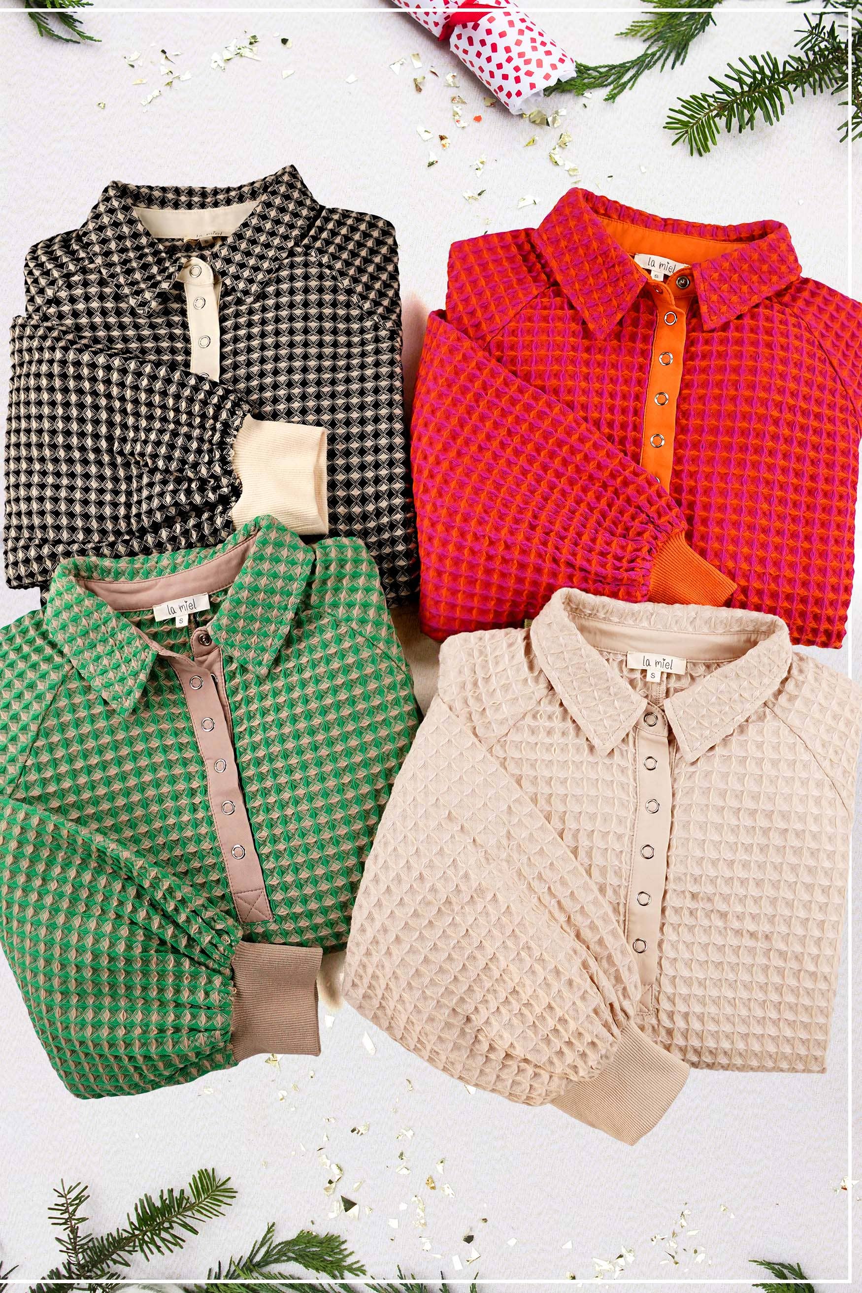 La Miel - Wholesale Sweatshirt - Women's - HCS3576-Unique Two Tone Textured Snap Button Front Top13