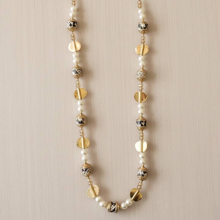 Long Coastal Pearl & Gold Coin Necklace | Statement Jewelry for wholesale by Bijoux Envie Statement Jewelry