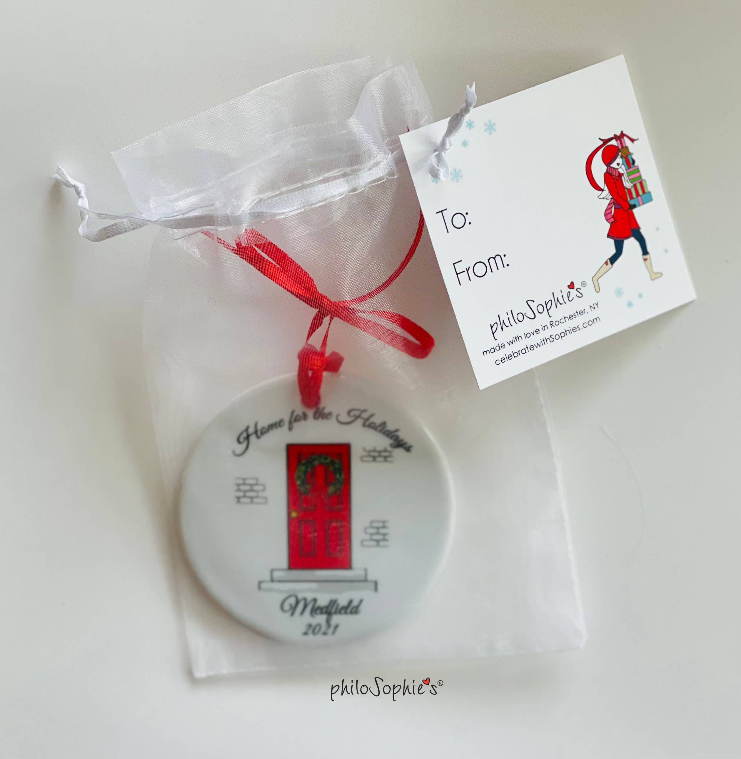 philoSophie's Stationery & Gifts - Vente Objets de décoration - Nom Goutte - Ornement de Noël Porte Rouge/ Personnaliser1