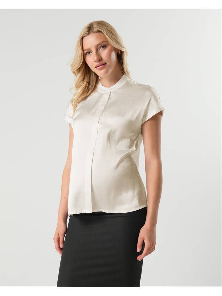 MARION – wholesale Blouse – Women’s – Short Sleeve Satin Maternity Shell Top with Concealed Nursing Zip - Peacock