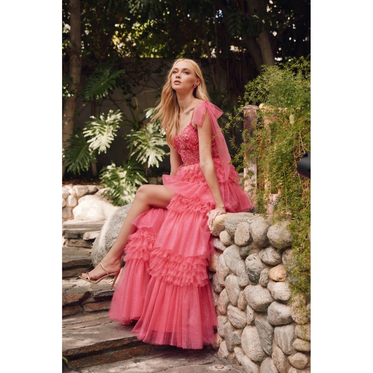 Juliet - Wholesale Dress - Women's - JT2465A TIERED RUFFLE SKIRT AND TULLE BOWS ON SHOULDER SLEEV1