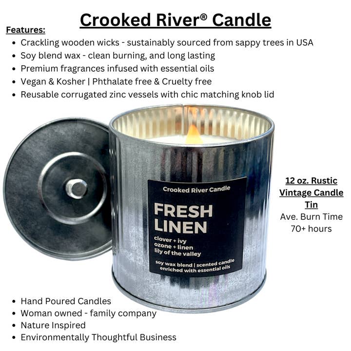 Crooked River Candle - Wholesale Jar/Filled Candle - Teakwood & Cardamom | Rustic Tin Candle with Lid | Wood Wick