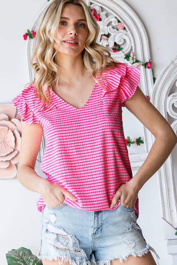 7th Ray - Wholesale Blouse - Women's - Gingham Print V-Neck Women's Blouse with Ruffle Detail T511419