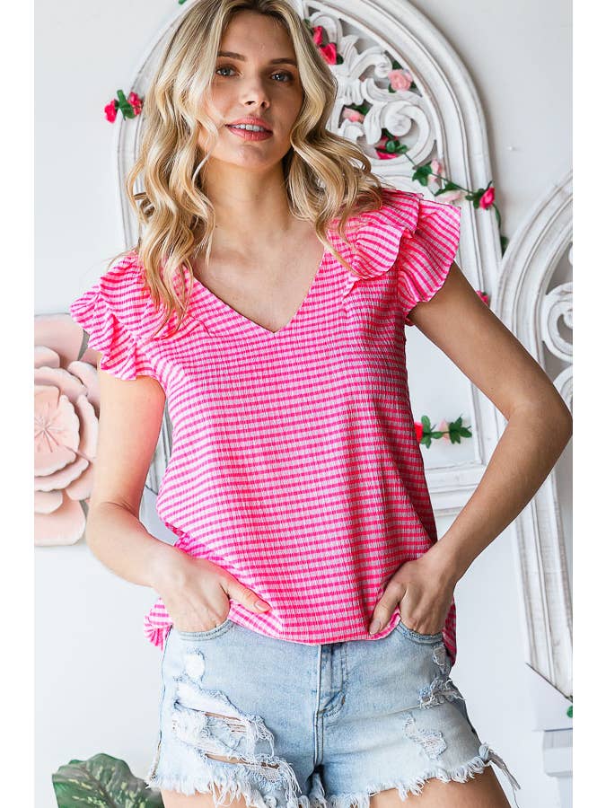 7th Ray - Wholesale Blouse - Women's - Gingham Print V-Neck Women's Blouse with Ruffle Detail T511419