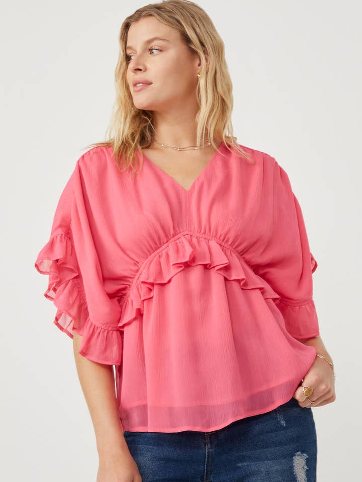 Damen Chiffonoberteil mit weiten Ärmeln und V-Ausschnitt für den Großhandel von Hayden LA