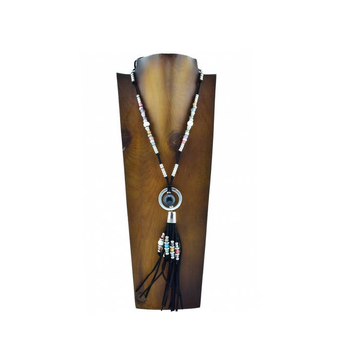 Black 🌈✨ Ethnic Necklace with Colorful Beads and Suede Tassels for wholesale on Faire