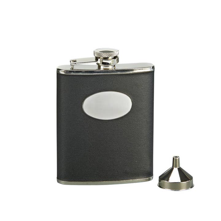 Creative Gifts International Inc. - Vente Flasque - Flacon en similicuir noir avec plaque gravée