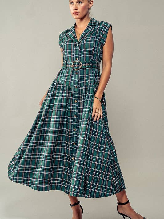 Urban Daizy - Wholesale Dress - Women's - Vintage Plaid Belted Classic Statement A Line Dress