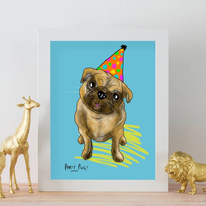 Party Pug A4 Print, Dog Lover Art for wholesale by Just Daydreaming