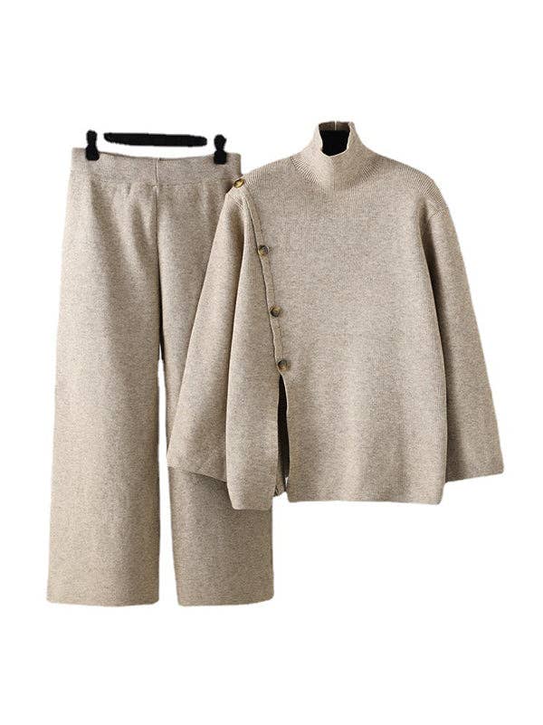 ShieldChic - Vendita all'ingrosso Completo top e pantaloni (NON loungewear) - Donna - Set Due Pezzi: Maglione a Collo Alto con Spacco Anteriore e Bottoni Sciolti in Colore Solido & Pantaloni a Gamba Larga Urbani5