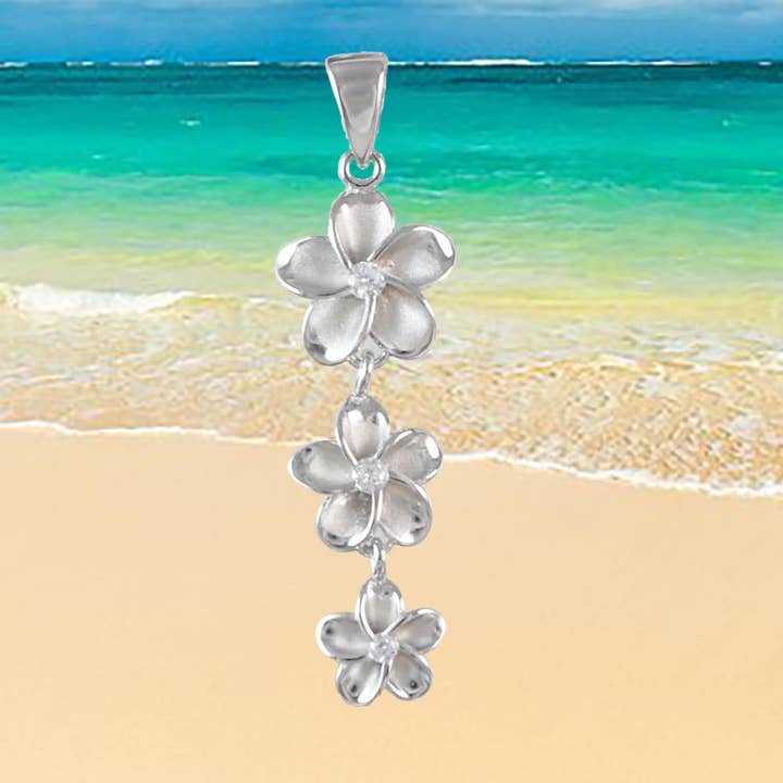 Hawaiian 3 Plumeria Pendant, Sterling Silver 3 Plumeria CZ Pendant, Hawaiian Jewelry, Christmas Anniversary Birthday Gift for wholesale by Paradise Treasures Jewelry