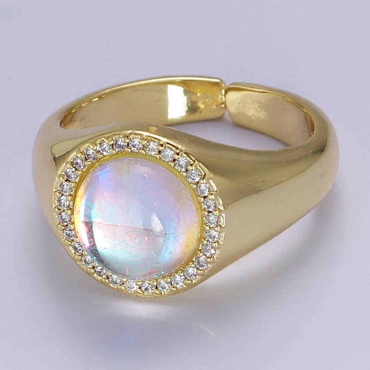 Micro Pave AB Color Pearl Gold Signet Adjustable Ring O2109 for wholesale by Aim Eternal