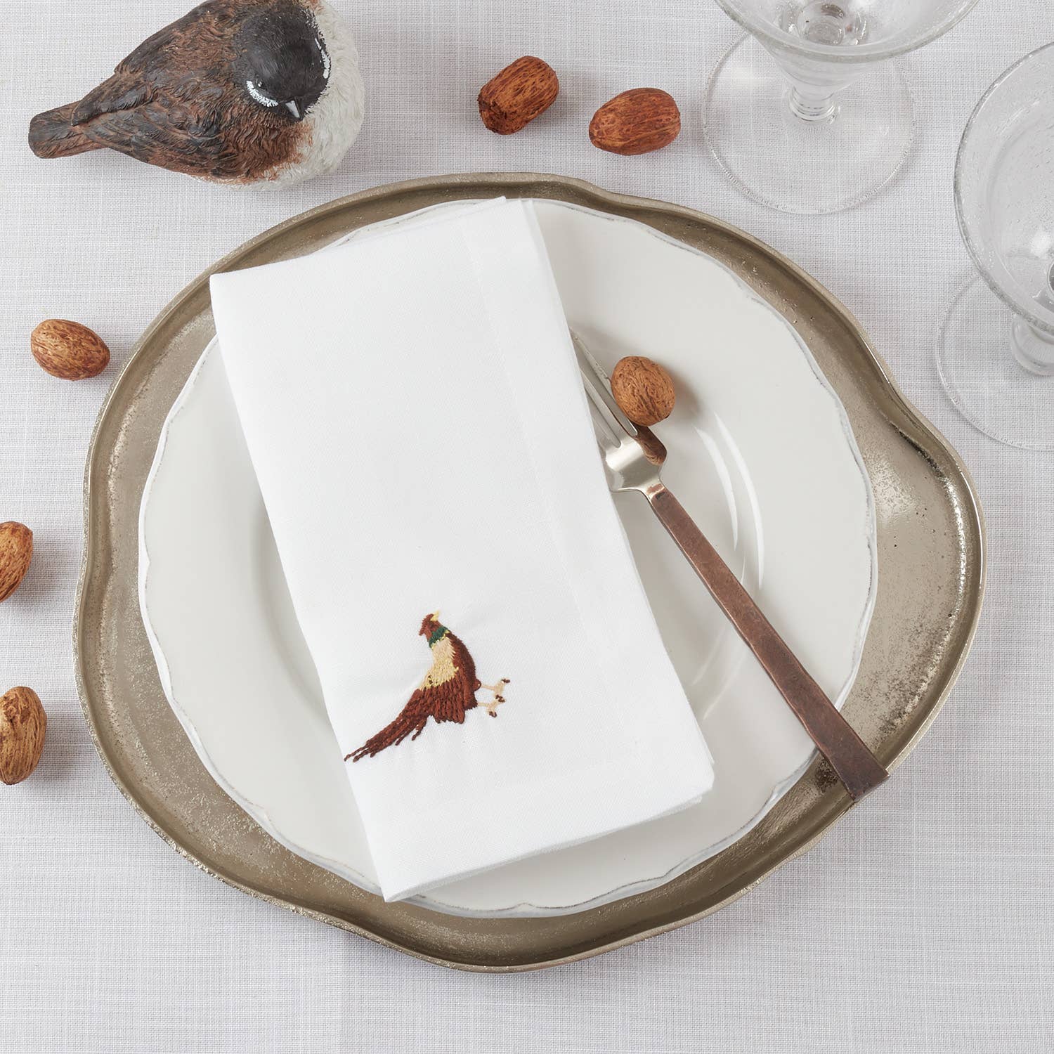 Fennco Styles - Wholesale Dinner & Cloth Napkin - Embroidered Pheasant White 20" Dinner Napkin0