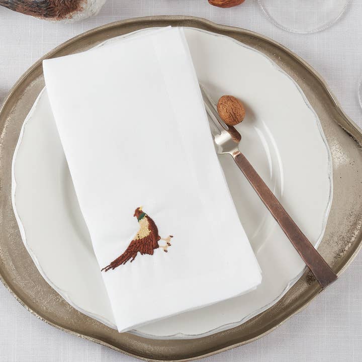Fennco Styles - Wholesale Dinner & Cloth Napkin - Embroidered Pheasant White 20" Dinner Napkin0