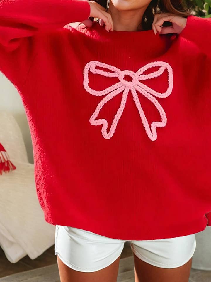 Fiery Red Braided Ribbon Christmas Holiday Sweater Top for wholesale on Faire2