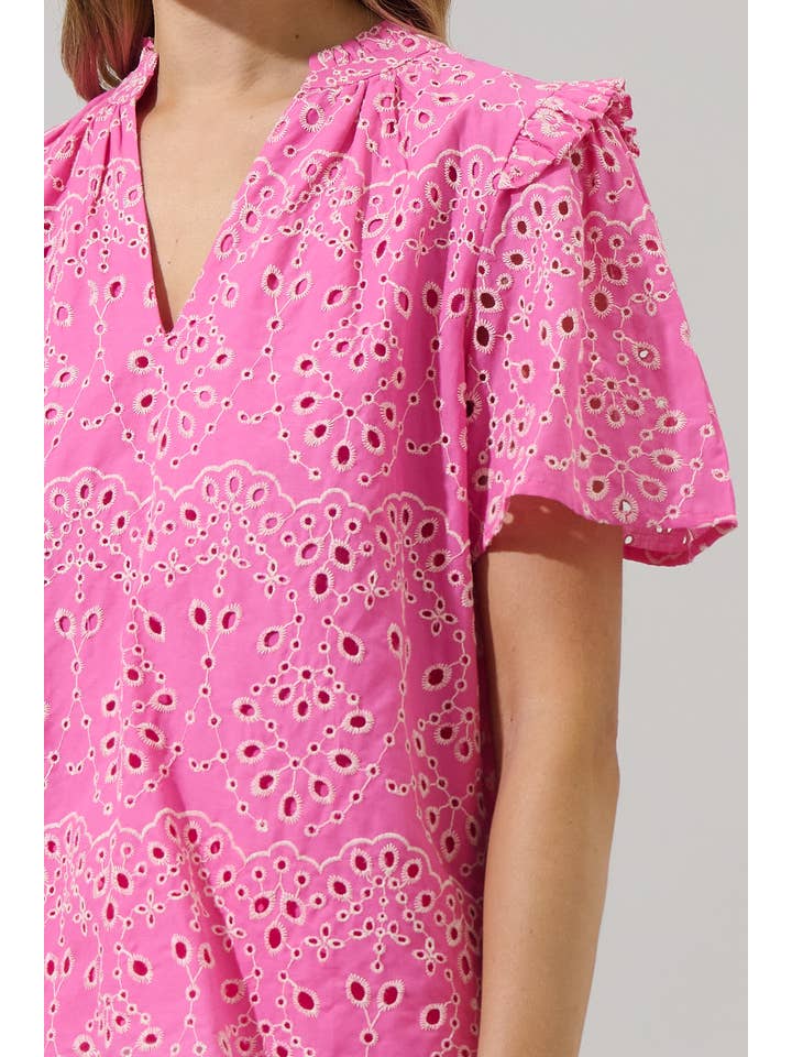 Fuschia Rosie Eyelet Mei Split Neck Top for wholesale on Faire