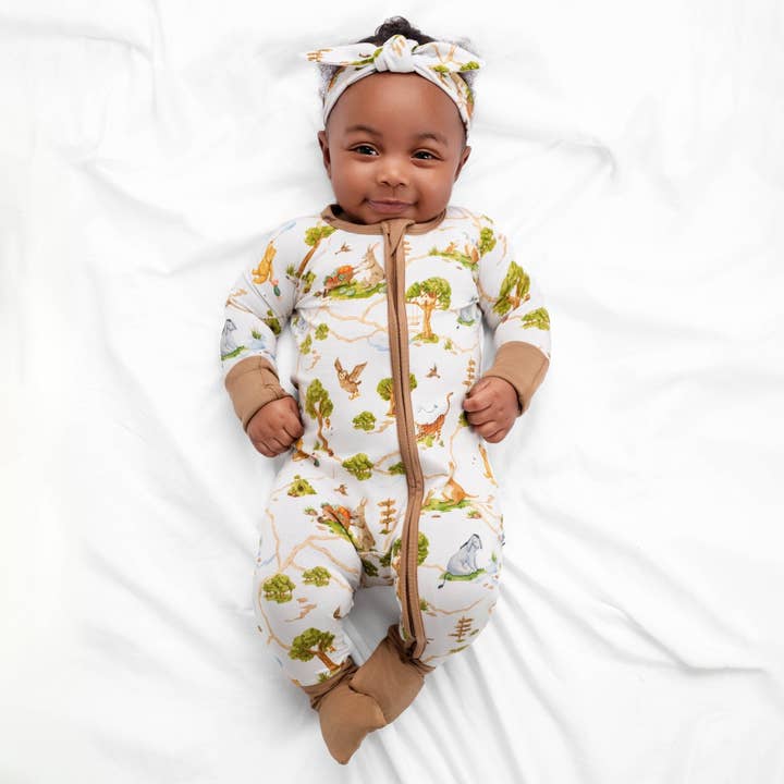 Oh Bother, It's Bedtime , Winnie the pooh bamboo baby romper, bamboo pajama romper, soft baby romper, eco friendly baby romper, unisex baby outfit, baby sleepwear, sustainable baby clothes, bamboo sleep romper, cozy baby pajamas, bamboo sleepwear for wholesale by Jammie Session formerly Big Dreams Little Jammies