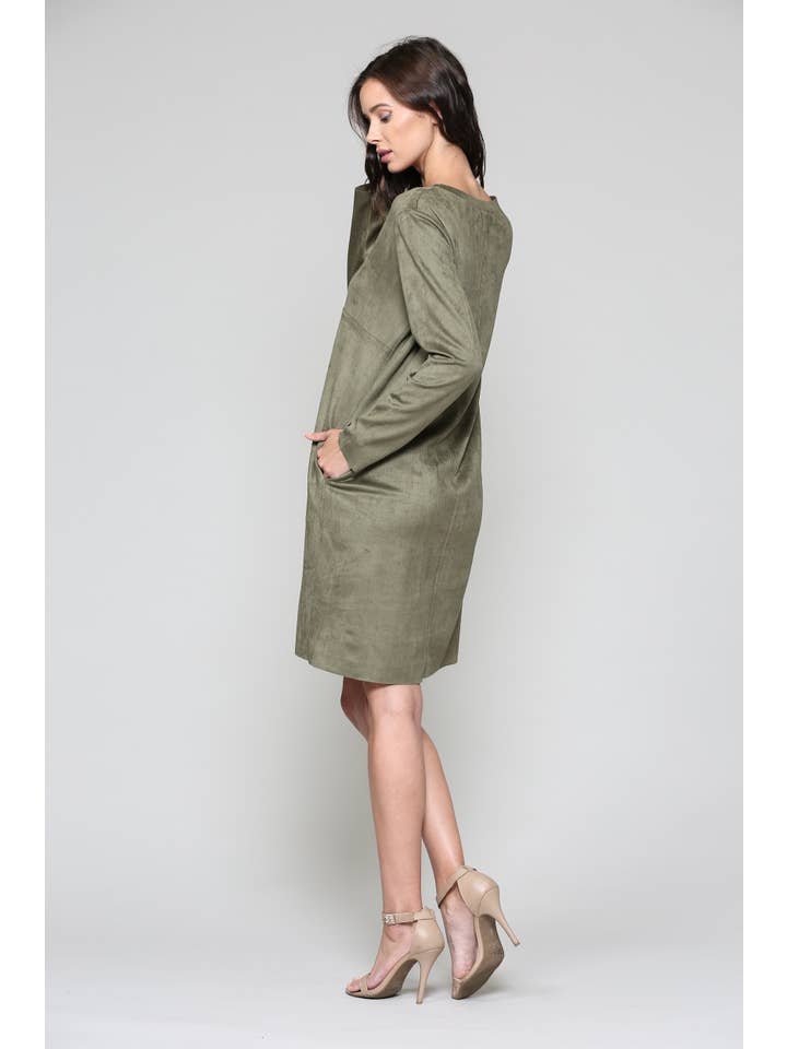 Joh Apparel – wholesale Dress – Women's – Aurora Stretch V-Neck Suede Dress with Pockets