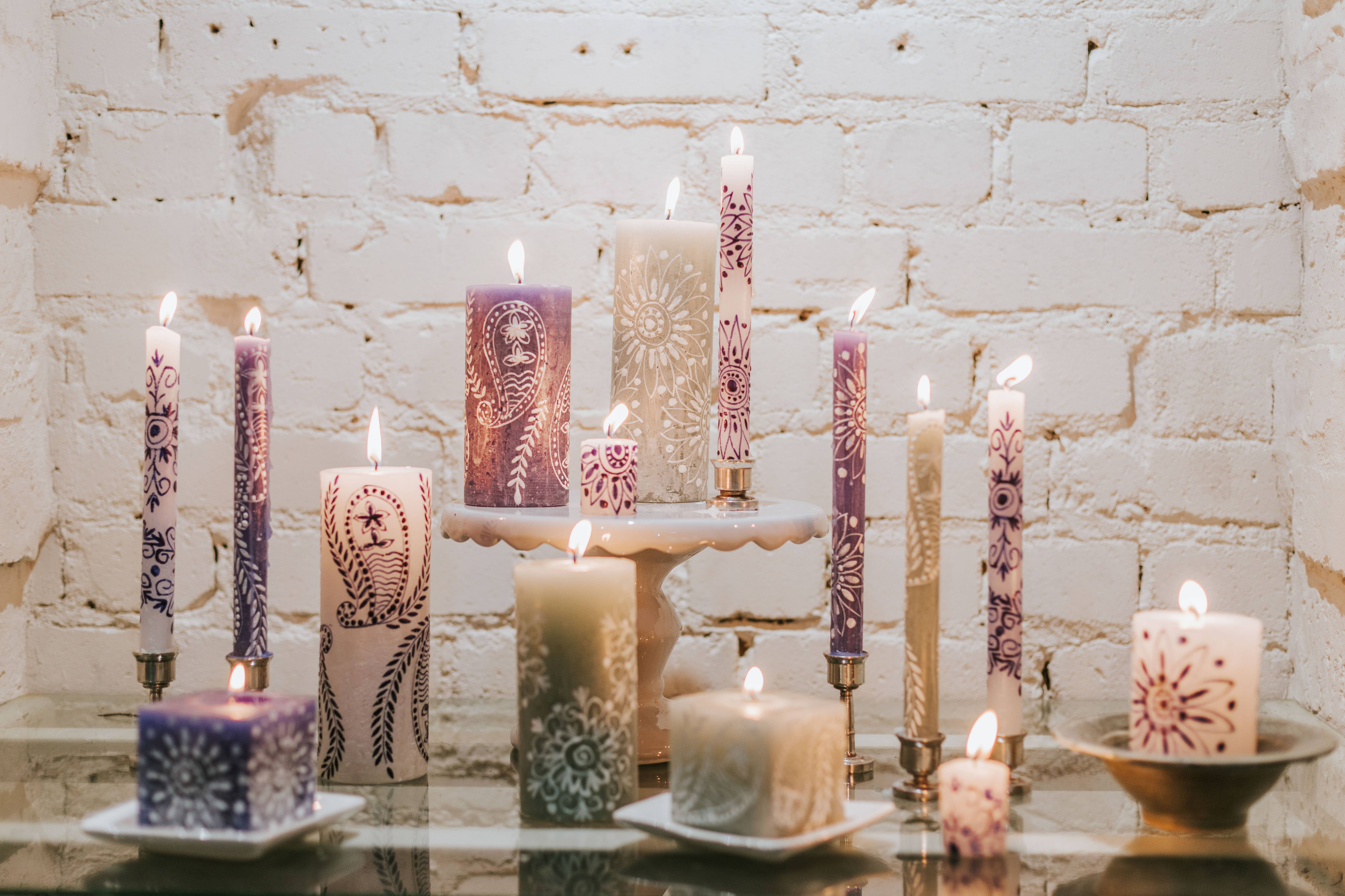 Thumbprint Artifacts - Wholesale Tapered Candle/Candlestick - Henna White on Blue Candle9