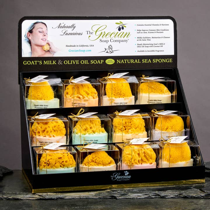 Goat Milk Soap Cleansing Natural Sea Sponge Premium Display for wholesale by The Grecian Soap Company