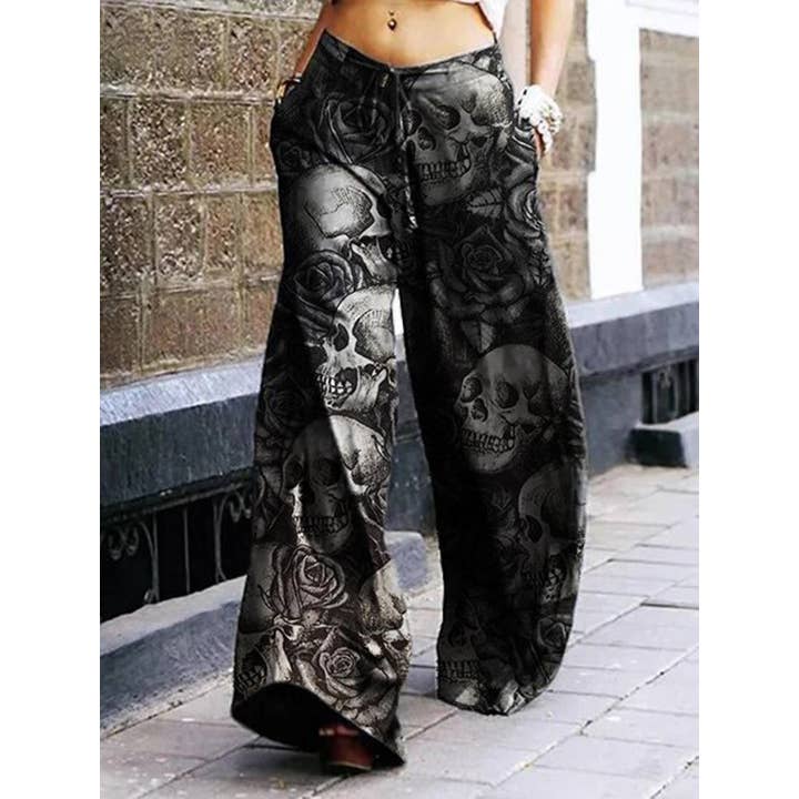 Skull Printed Wide Leg Casual Pants for wholesale by Tourtiwi