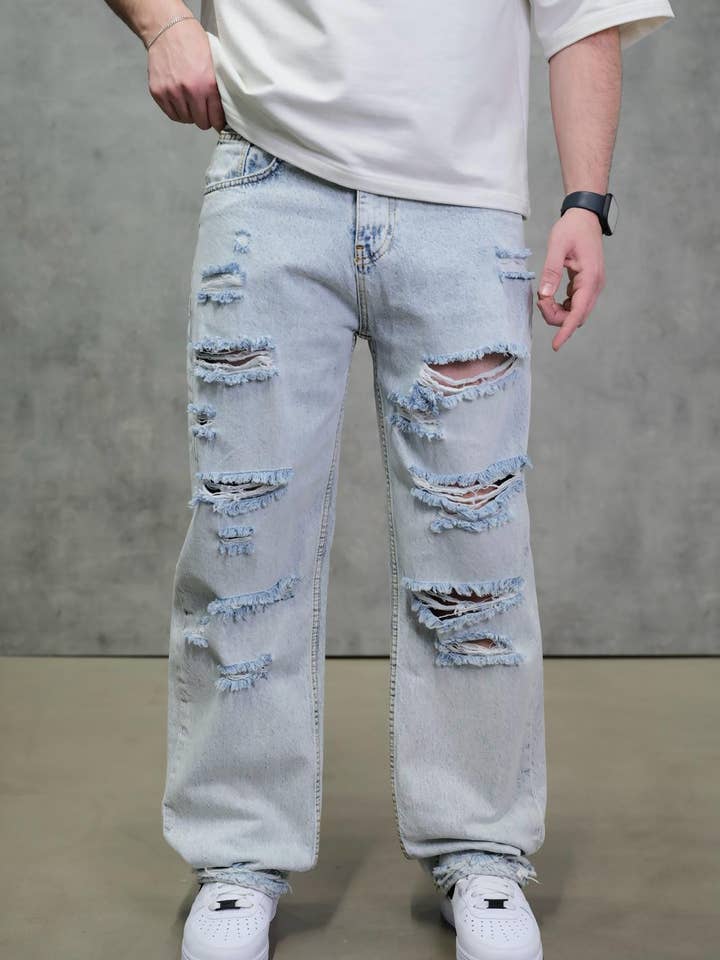 Mens Light Blue Distressed Regular Fit Jeans Ripped Denim Pants ES3247 for wholesale by Monocloth