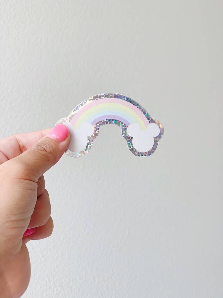 Mouse Rainbow HOLO GLITTER Vinyl Sticker Die Cut for wholesale by Sparkly Paper Co