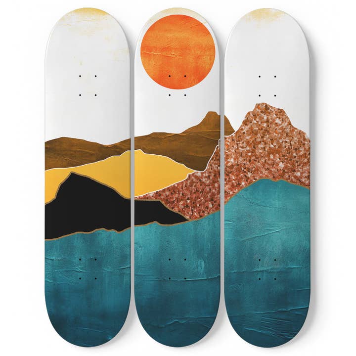 Mountain Sunset#3.0 3-Deck Skateboard Wall Art for wholesale by SkateboardArtsy