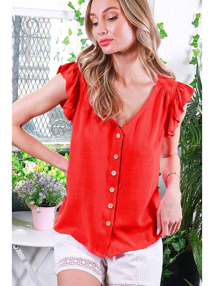 Vine & Love - Wholesale Blouse - Women's - V-Neck Sleeveless Ruffle Detail Cotton Linen Top VT81688