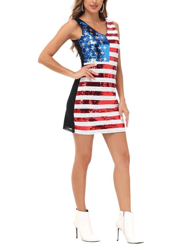 Multicolored Women's American Flag Sequin Dress V-Neck Sleeveless USA Pat for wholesale on Faire