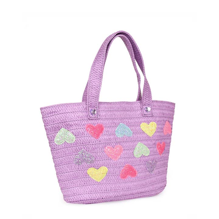 OMG Accessories - Wholesale Tote Bag - Kids - Heart-Patched Purple Straw Tote Bag1