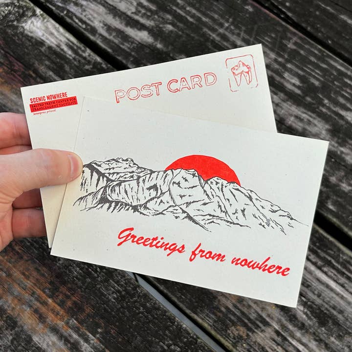 Greetings from Nowhere - Letterpress Postcard for wholesale by Salted Teeth