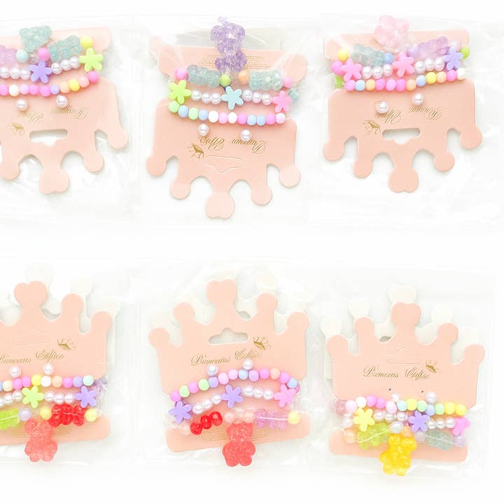 Kids Beaded Bracelet Set – Bears & Flowers 12CT for wholesale by Majestic Wholesale