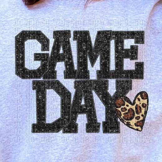Game Day Black Bling With Leopard Heart Embroidered Faux DTF Transfer for wholesale by K and M Designs