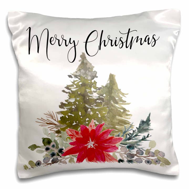 3dRose, Merry Christmas Pine Trees and Poinsettia Floral, Pillow Case for wholesale by 3dRose