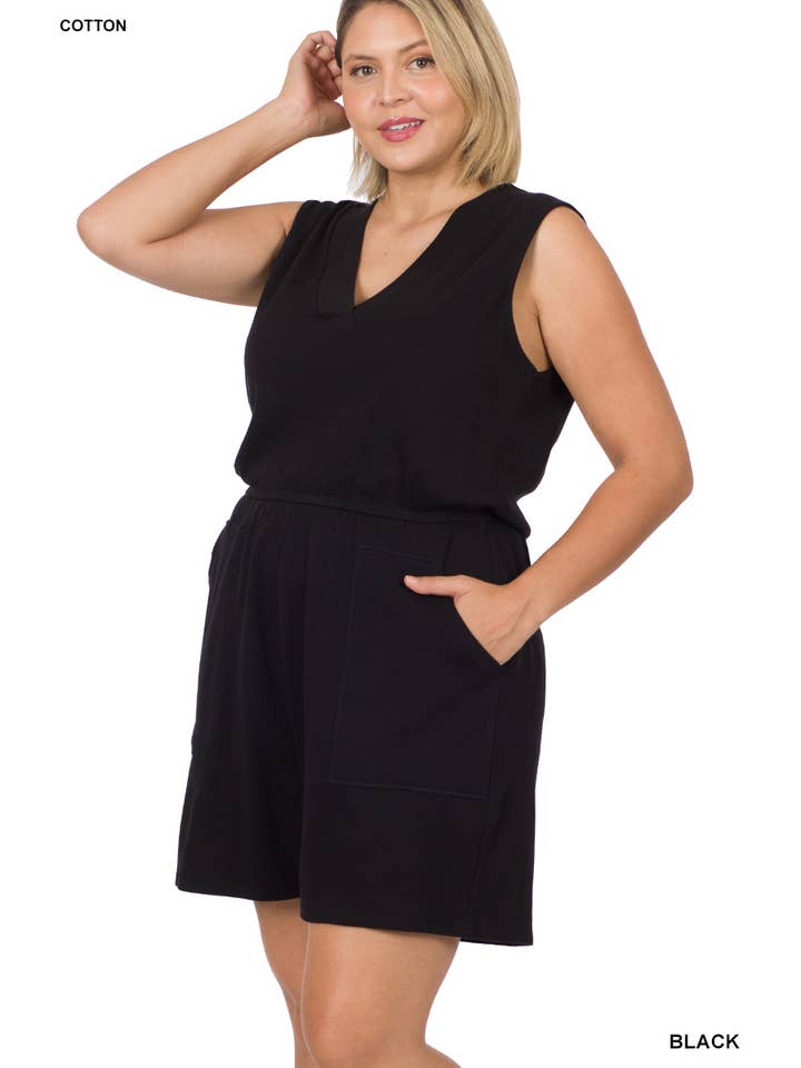 42POPS - Wholesale Romper - Women's - "._ PLUS SIZE COTTON SLEEVELESS ROMPER WITH POCKETS