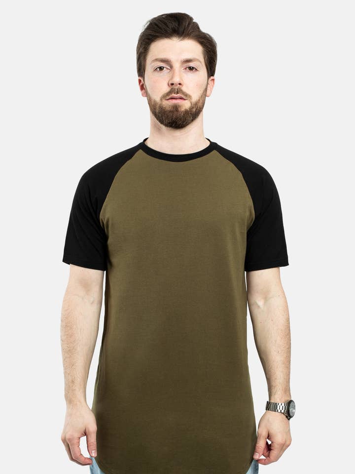 T-shirt a maniche corte da baseball a maniche corte Round Longline Oliva-Nero per la vendita all'ingrosso da parte di Blackskies