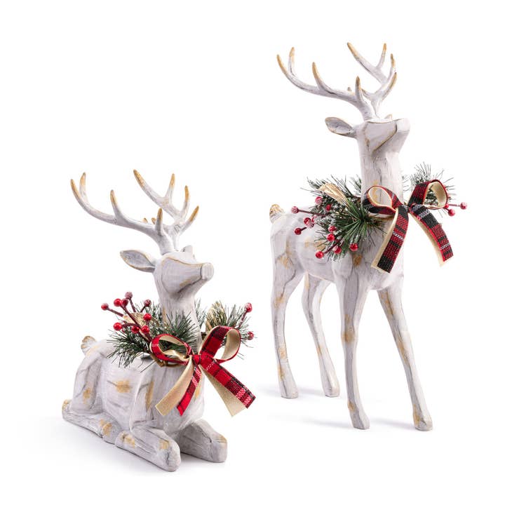 DEMDACO - Wholesale Decorative Figurine - Large Wood Reindeer with Holly Figures - Set of 2
