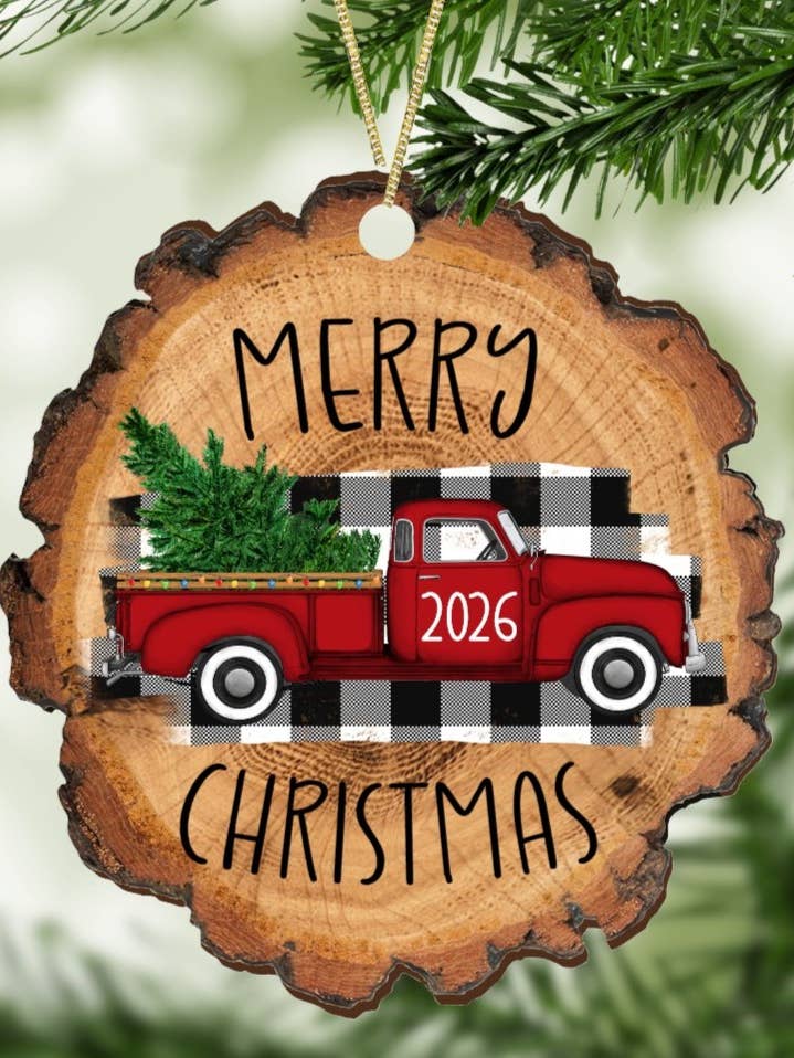 Merry Christmas 2025 Vintage Red Truck Christmas Ornament for wholesale by SHY Designs, LLC