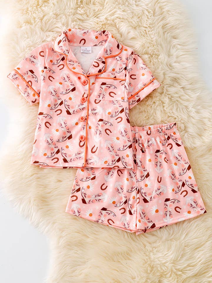 Horseshoe, Daisy & cowgirl boot printed girls pajamas. PJG50297 SOL for wholesale by Kids Charm Online