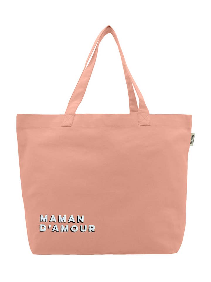 Borsa shopping ricamata MAMMA D’AMORE rosa per la vendita all'ingrosso da parte di Family Impact Stories