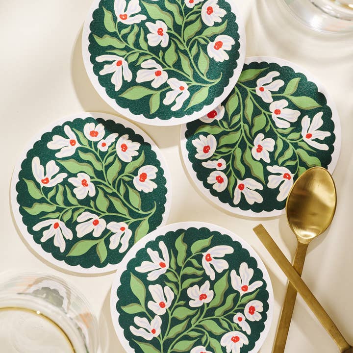 One & Only Paper - Wholesale Coasters - Green and Lavender Floral Scalloped Coasters - Set of Four
