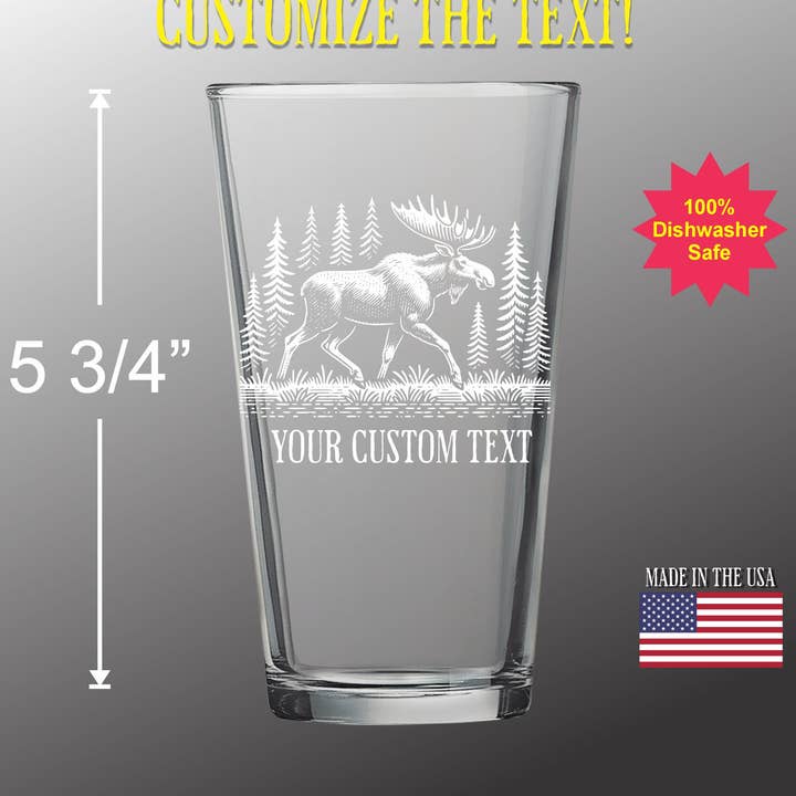 Moose in a Forest - Personalized Etched Pint glass for wholesale by Adirondack Etching LLC