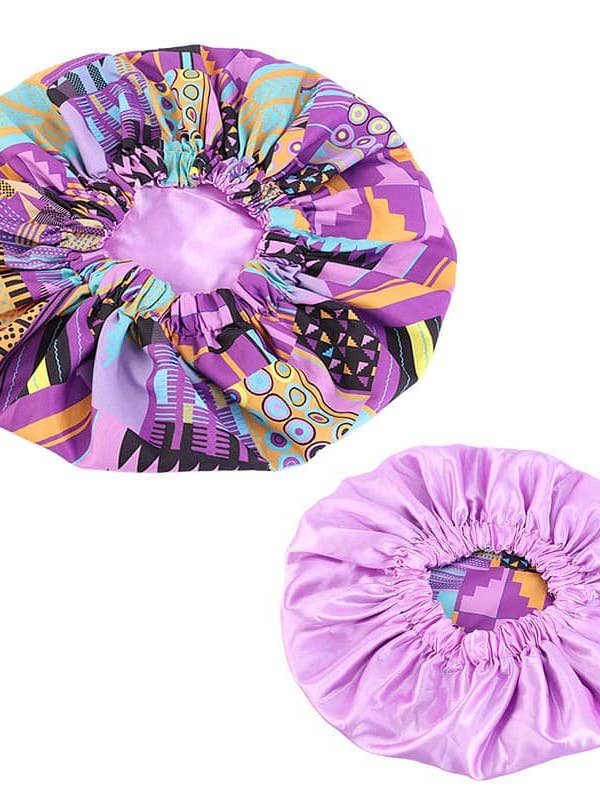 Cuffia per capelli in stampa Kente africana rosa/viola (cuffia da notte reversibile foderata in raso) per la vendita all'ingrosso da parte di AfricanFabs