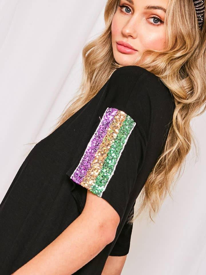 Mardi Gras, Color block sequin trim knit top VT60234 for wholesale by Vine & Love